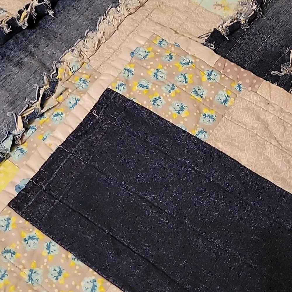 Upcyclef Twin Rag Quilt hand crafted with Denim Jeans Blue Yellow &  Gray Fabric